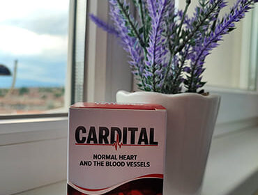 Упаковка препарата Cardital на фоне горшка с цветами.